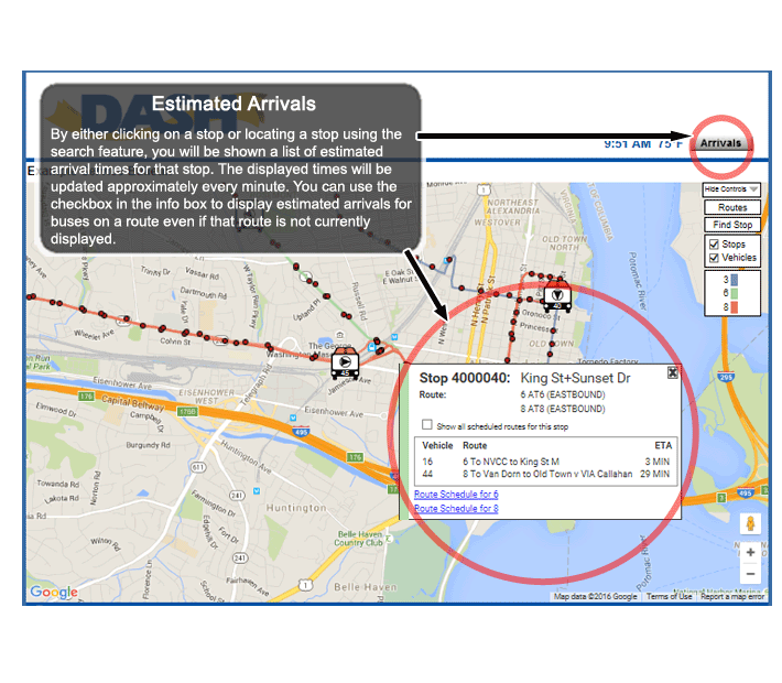 Estimated Arrivals - By either clicking on a stop or locating a stop using the search feature, you will be shown a list of estimated arrival times for that stop.  The displayed times will be updated approximately every minute. You can use the checkbox in the info box to display estimated arrivals for buses on a route even if that route is not currently displayed.